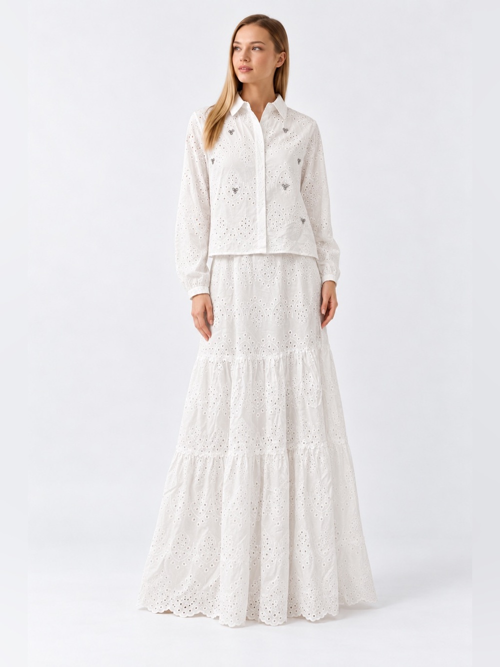 Elegant White Eyelet Embroidered Two-Piece Maxi Skirt Set | Size Large | NEW